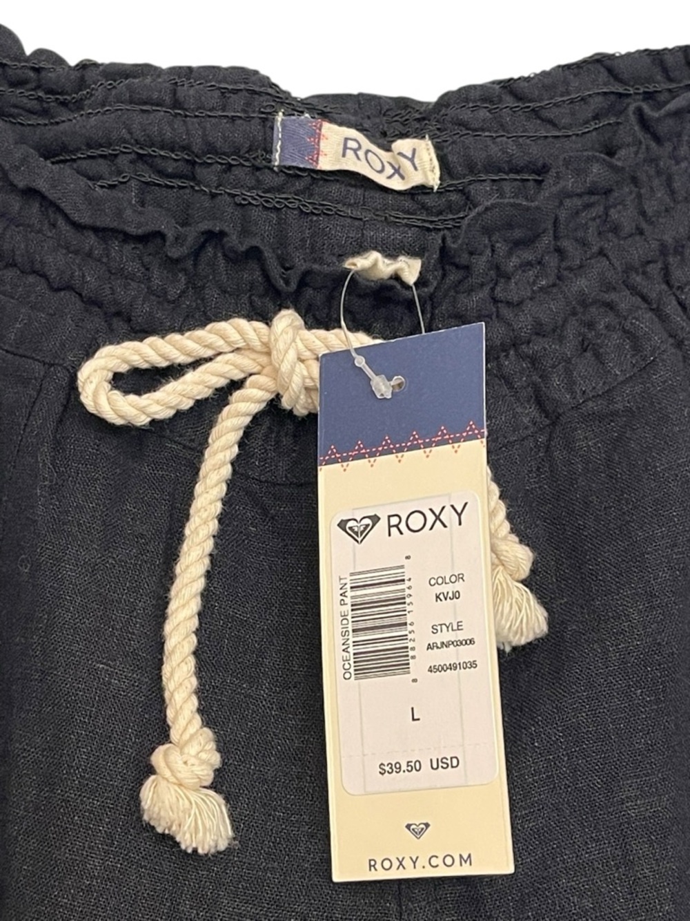 Roxy Black Wide-Leg Linen-Blend Pants with Natural Drawstring - Picture 5 of 7